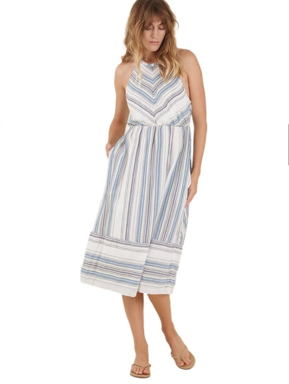 Carve Designs Mabel Midi Halter Dress Blue Ivory Stripes Cotton Women's Large
